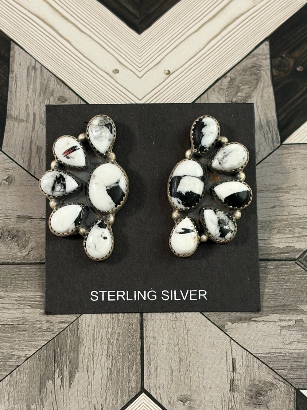 White Buffalo Half Cluster 925 Sterling Silver Earrings NEW